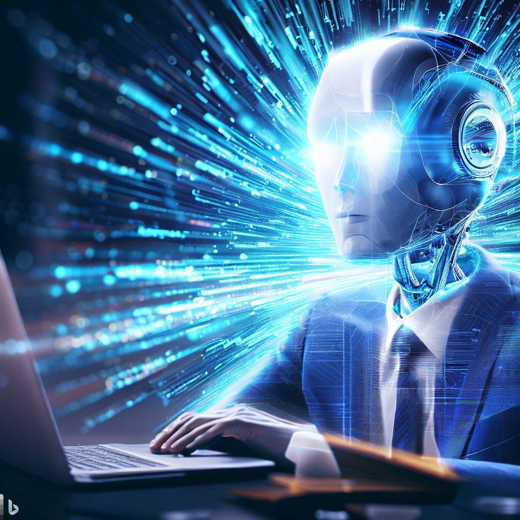 Un robot devant un ordinateur qui donne une formation intelligence artificielle.