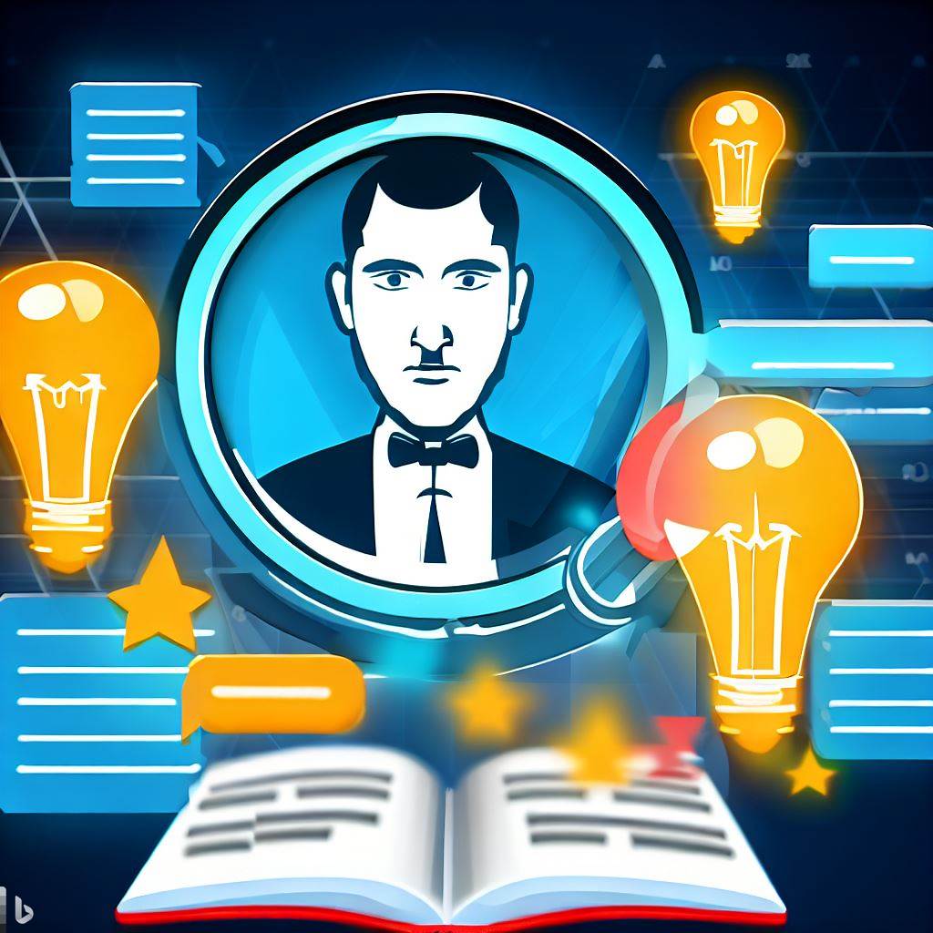 Image animée d'un homme pensif entouré d'ampoules symbolisant des idées, étudiant un livre ouvert représentant un rapport SEO de Solution SEO.