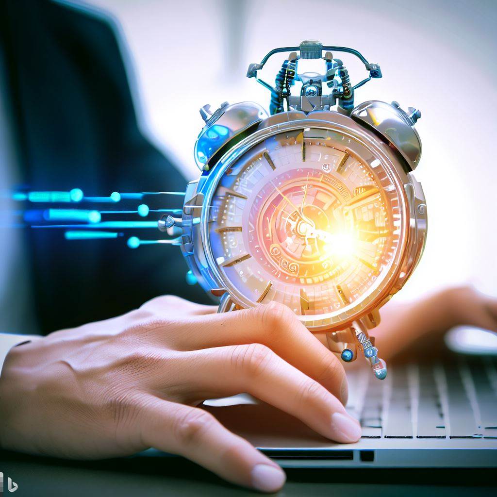 Une main en train de taper sur un clé de clavier d'ordinateur, avec un cadran futuriste affiché au centre de l'écran, illustrant l'utilisation de l'intelligence artificielle en marketing.