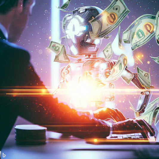Image d'un homme travaillant devant son ordinateur, avec une représentation symbolique d'une IA prenant la forme d'un robot émergeant de l'ordinateur. Des billets de dollar sont visibles, évoquant la possibilité de gagner de l'argent grâce à l'IA.